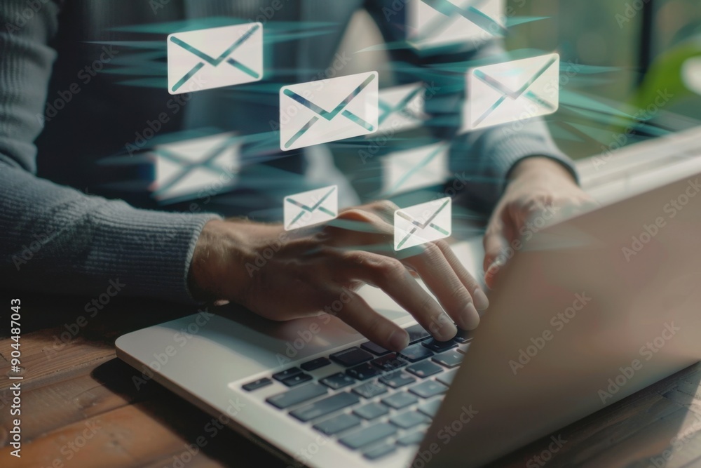 Poster a person sitting at their laptop, typing an email with multiple white envelope icons floating above 