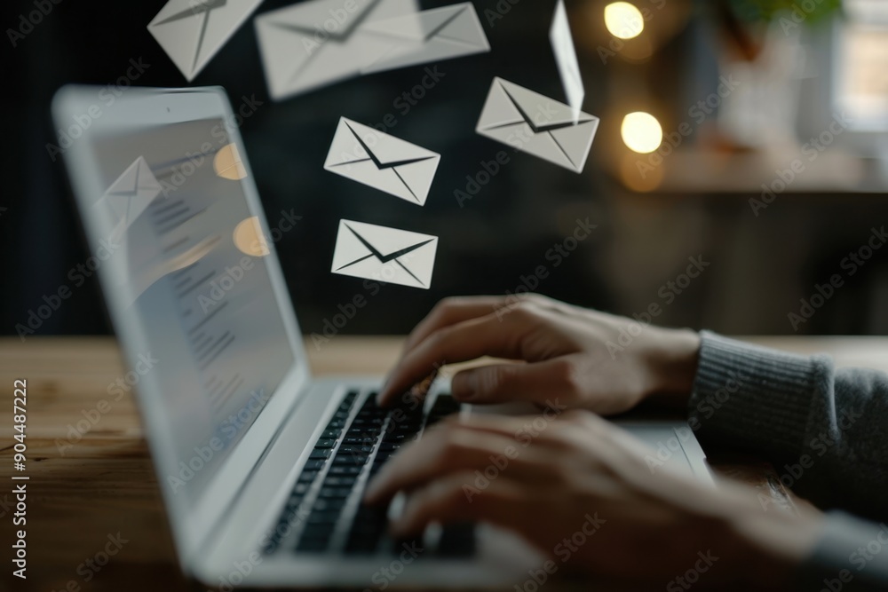 Poster a person typing on their laptop, with an open email interface showing in the foreground and multiple