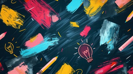 A vibrant chalkboard showcases colorful brush strokes and detailed drawings of educational tools like globes, rulers, calculators, and lightbulbs. Generative AI