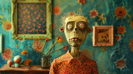 surreal character with wide eyes and disheveled hair stands in a colorful, whimsical room adorned with floral patterns