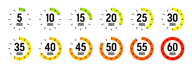 Simple stopwatch icons. Colorful chronometer, time counter with dial. Countdown timer showing hours and minutes. Deadline, measurement for sport. Cooking time label, sticker. Vector illustration