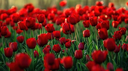 Fototapeta premium Red tulips in the foreground, green field in the background