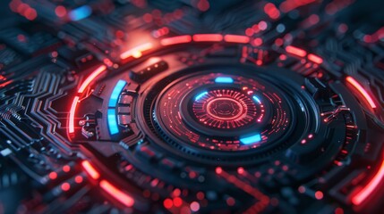 Sophisticated circuit board with red and blue LEDs, showcasing futuristic technology