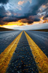 A winding road with a tree in the middle of the road. The road is wet and the sky is cloudy