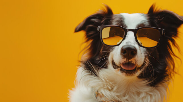 photograph of a border collie dog with sunglasses against a vivid yellow background.