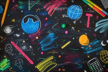 A vibrant chalkboard displays detailed drawings of educational items, including globes, rulers, and calculators, alongside colorful brushstrokes. Generative AI