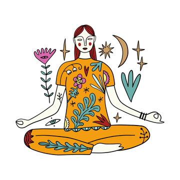 recommend clip art: Divine feminine woman yoga asana illustration. Boho magic sun and summer groovy vibe chill concept. Mystical new age wellness holistic flat art. Silhouette abstract coloring cartoon silhouette clip