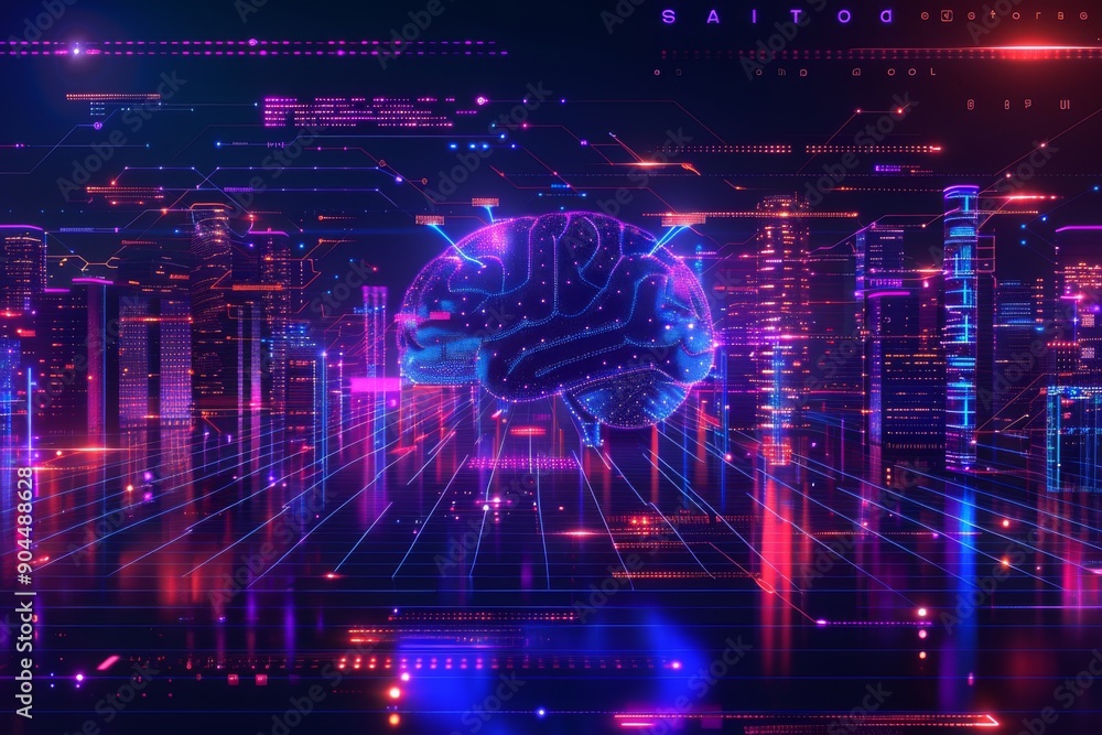 Aufkleber futuristic neural network in a high tech cityscape visualizing urban brain connectivity.
