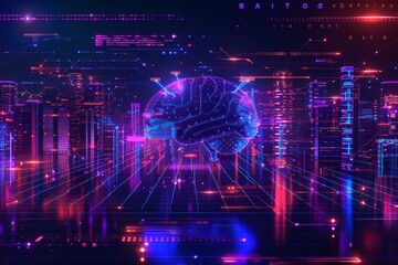 Futuristic Neural Network in a High Tech Cityscape Visualizing Urban Brain Connectivity.