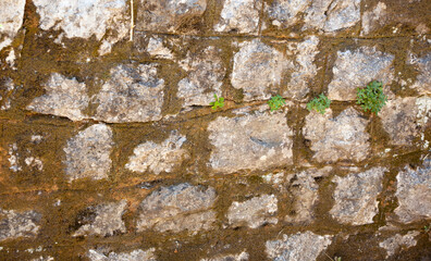 Stone texture of a grey wall. Ancient wall composed of grey coloured stones. Background. Template. For design. Horizontal.