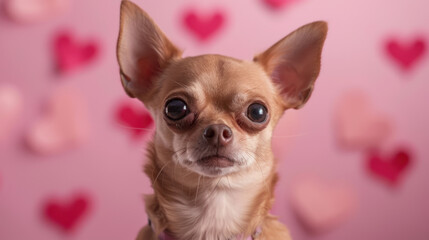 a photograph of a chihuahua dog against a pink background with hearts behind in the studio. valentine's day.