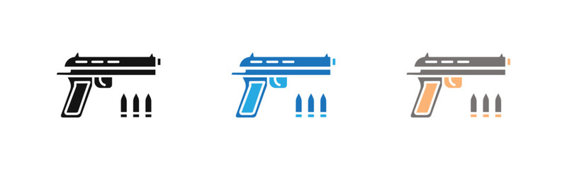 Gun with ammunition icon outline collection or set  in black and white