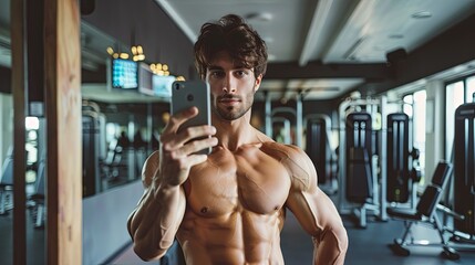 A muscular man takes a selfie in a gym, showcasing his well-defined physique against a backdrop of gym equipment