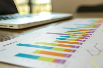 Market data report is displayed on paperwork with colorful graphs and charts while a businessman analyzes the information
