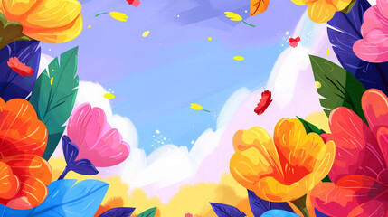 Fototapeta premium Background Vibrant Floral Background with Colorful Flowers and Blue Sky