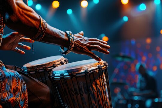 Close up of male hands playing bongo drums at an African culture event with stage lights Concept of music instruments concert