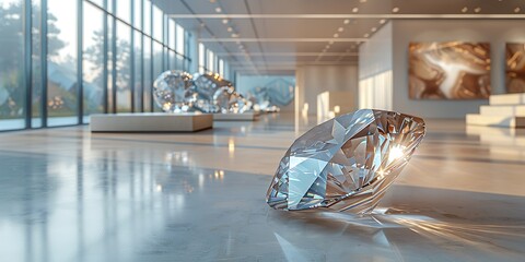 Sparkling diamonds displayed in a minimalist art gallery with modern lighting.