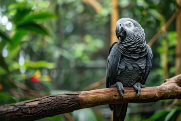 Obraz premium Endangered African grey parrot also known as Congo grey parrot is perched on a branch