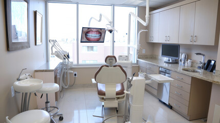 A dental office with a chair and a dental chair. The chair is white and has a silver frame. There is a sink in the room and a computer monitor on the wall