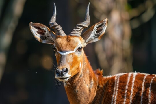 The bongo a forest dwelling African antelope has a reddish brown coat long horns and is elusive