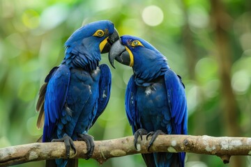 Two blue hyacinth macaws perched on a branch touching beaks Largest flying parrot species in Amazon Basin Wildlife scene