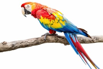 Fototapeta premium Vibrant Scarlet Macaw perched on branch with white background and clipping path