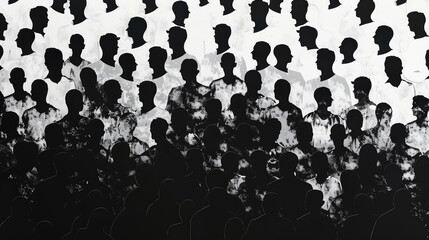 Large crowd of unrecognizable people, black and white illustration. Concept of depersonalization of the masses. 