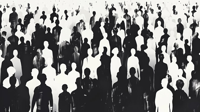Large crowd of unrecognizable people, black and white illustration. Concept of depersonalization of the masses. 