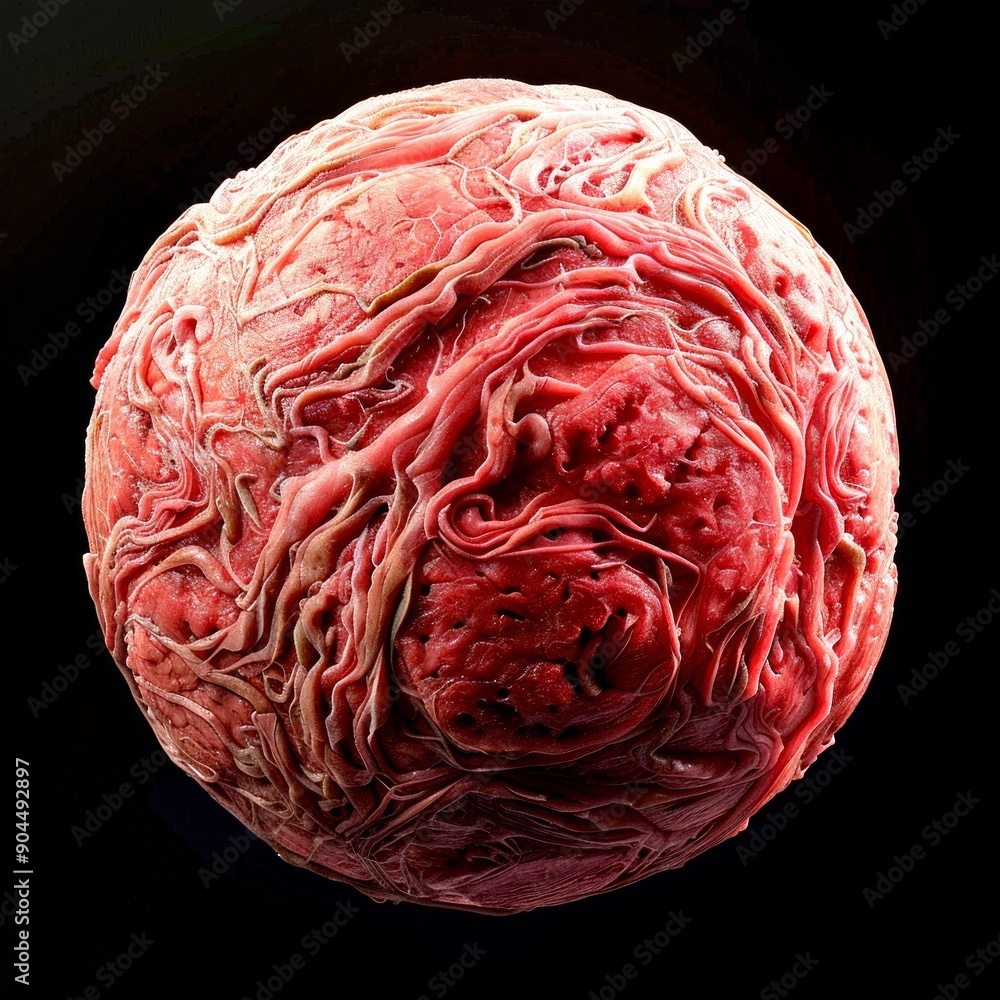 Poster close-up of a red abstract sphere with intricate textures and swirls against a black background. con