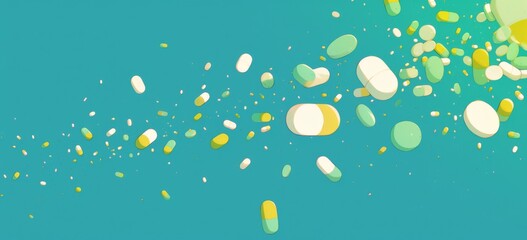 White and Green Pills Falling on Light Blue Background: Simple Flat Illustration with Scattered Particles