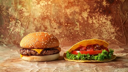 A hamburger with cheese and a taco filled with lettuce and tomato