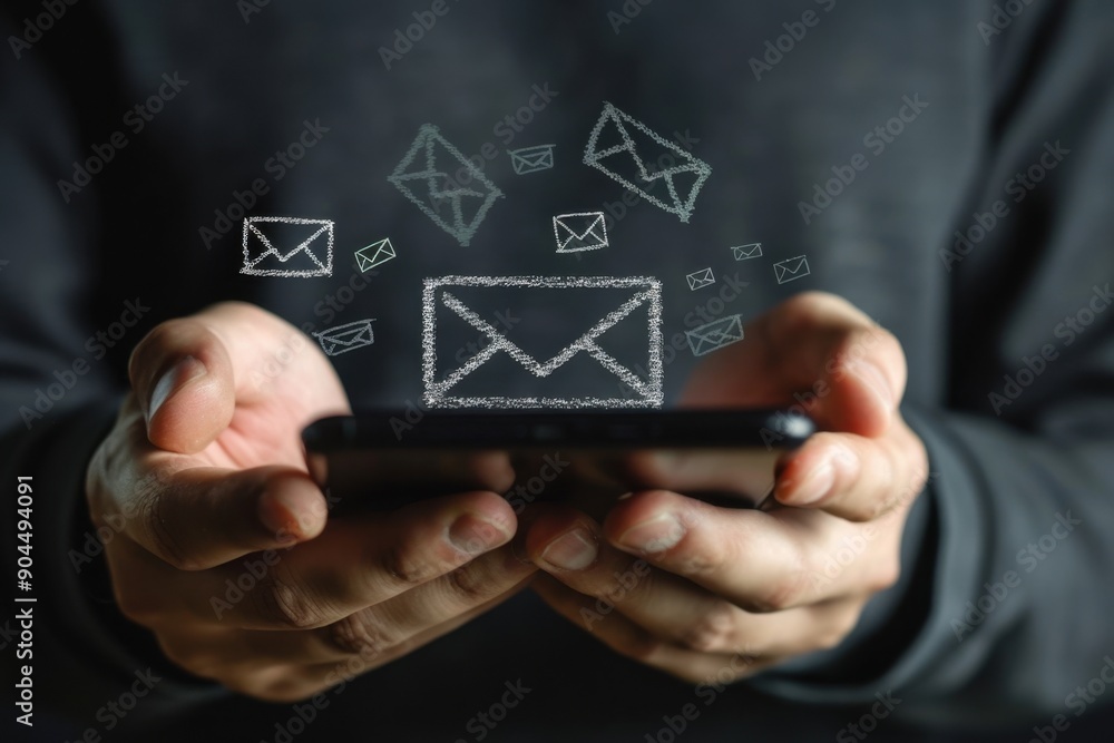 Poster a businessman holding a smartphone with chalk drawn on the screen is receiving a new email alert ico