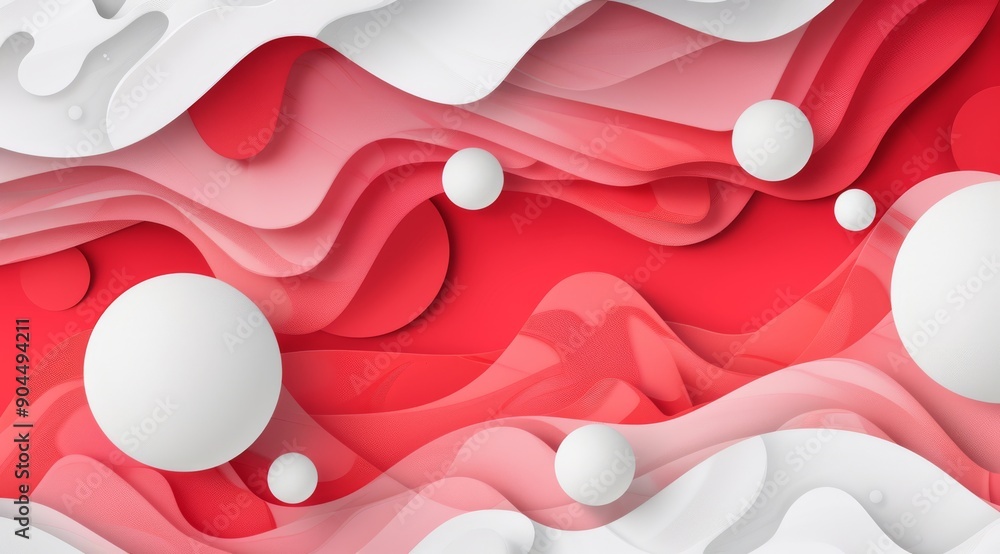 Poster an artistic representation of abstract red and white flowing shapes accompanied by circles