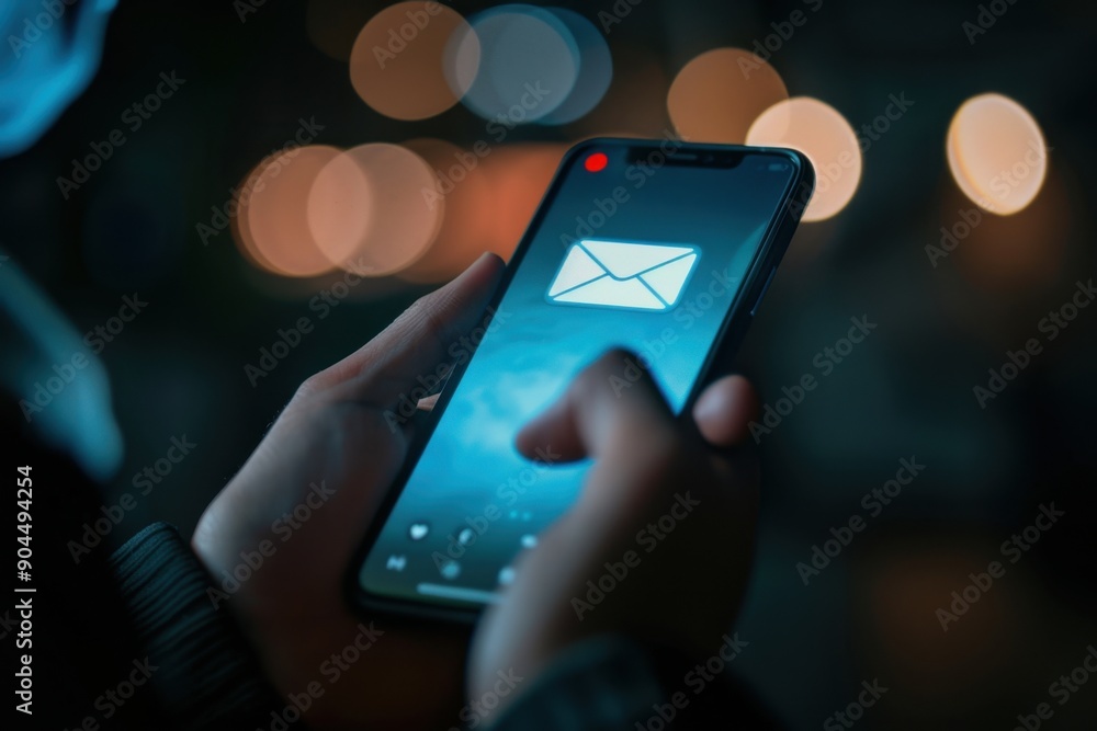 Poster close up of a man's hand using a mobile phone with an email icon and pop-up message on the screen wh