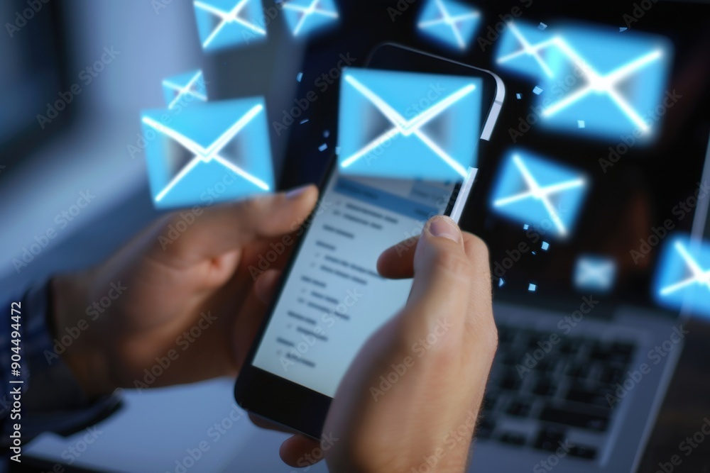 Poster a businessman using his smartphone to open an email on the screen, receiving new messages with envel