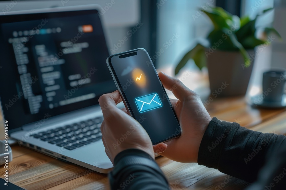 Poster close up of a man's hand using a smartphone with a glowing email icon and new message envelope on th