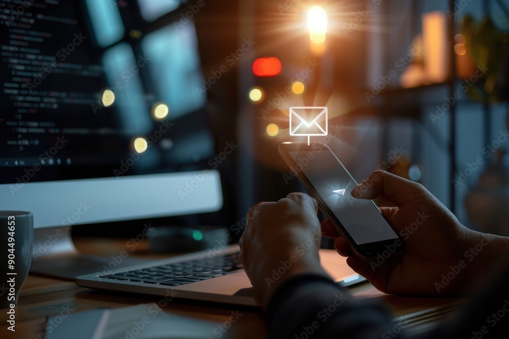 Poster close up of a man's hand using a smartphone with a glowing email icon and new message envelope on th