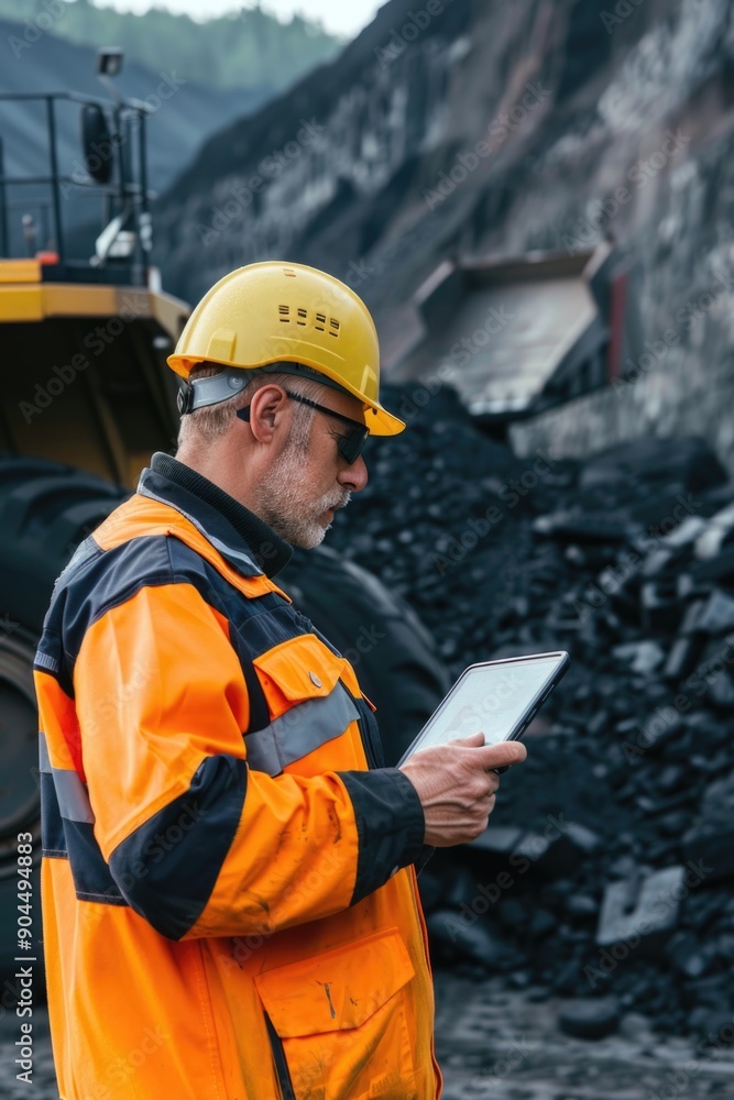 Poster a construction worker uses a tablet on a building site
