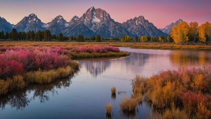 Grand Teton's Oxbow Bend bathed in pink sunrise light, autumn, Wyoming