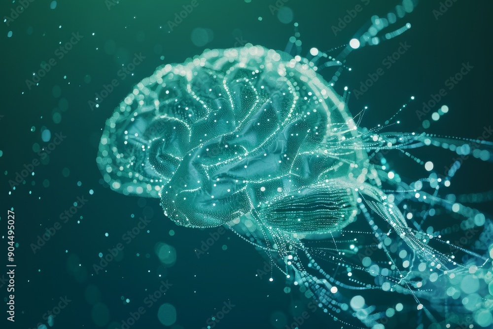 Poster digital brain illustration with golden neural mesh symbolizing wealth of knowledge.