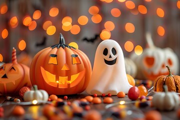 Spooky Halloween Promotion Banner Template with Pumpkins, Ghosts, Candies, and Festive Decorations