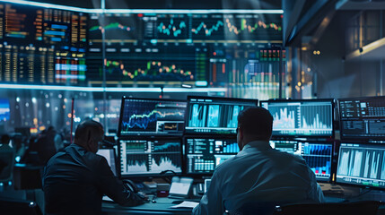 High-Energy Trading Floor Capture with Analysts Monitoring Financial Data and Making Real-Time Decisions