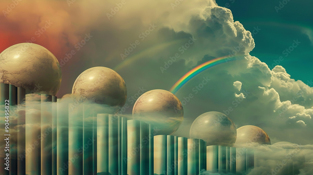 Poster background futuristic landscape with spherical structures and columns