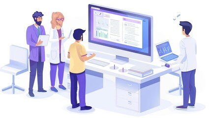 Medical Professionals Analyzing Data on Computers Illustration