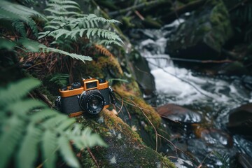 Naklejka premium Vintage camera sits atop a moss covered rock, near a gently flowing waterfall in a vibrant green forest