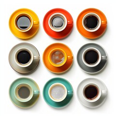 Colorful Coffee Cups in a Grid Pattern - Overhead View of Assorted Coffee in Brightly Colored Cups
