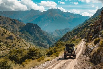 White 4x4 vehicle is driving on a dusty mountain road, surrounded by lush green vegetation and towering peaks