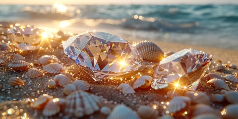 Sparkling diamonds on a beach at sunset, surrounded by seashells and sand.