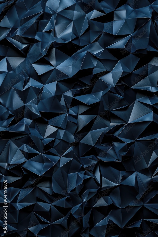 Poster a cluster of dark blue triangles against a black backdrop, great for representing data or technology
