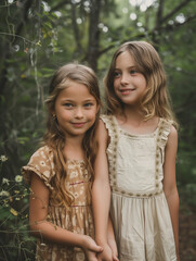 Naklejka premium Two Young Sisters in Rustic Dresses Holding Hands Outdoors